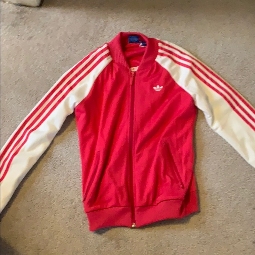 Pink and white adidas zip up